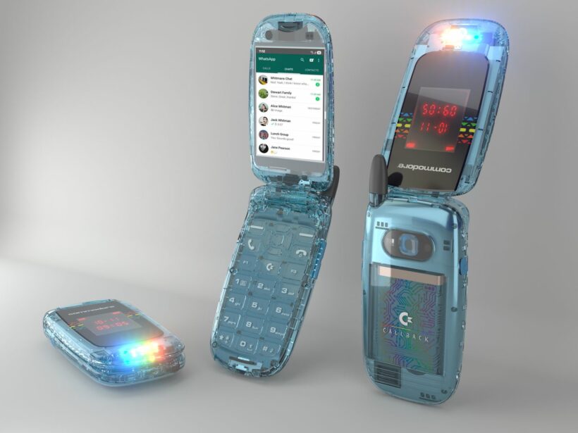 Commodore Callback 8020 flip phone in transparent blue shown from three angles: closed, open with main display showing WhatsApp, and rear view with Callback branding and camera
