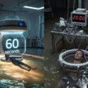 Two scenes contrasting futuristic and rudimentary sensory deprivation float tanks: left shows a sleek pod with a 60-second timer; right shows a man floating in a makeshift tank surrounded by wires and a 20:00 digital countdown