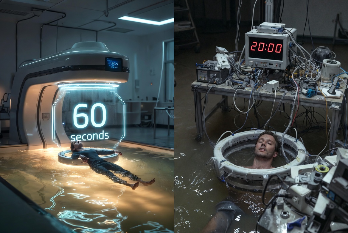 Two scenes contrasting futuristic and rudimentary sensory deprivation float tanks: left shows a sleek pod with a 60-second timer; right shows a man floating in a makeshift tank surrounded by wires and a 20:00 digital countdown