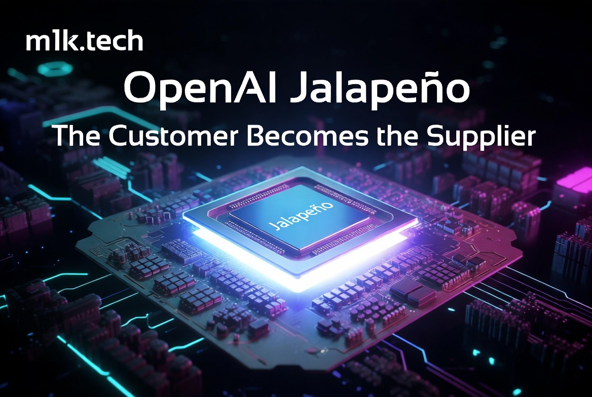 m1k.tech: OpenAI Jalapeño — The Customer Becomes the Supplier, illustrated with a glowing Jalapeño-labeled chip on a circuit board
