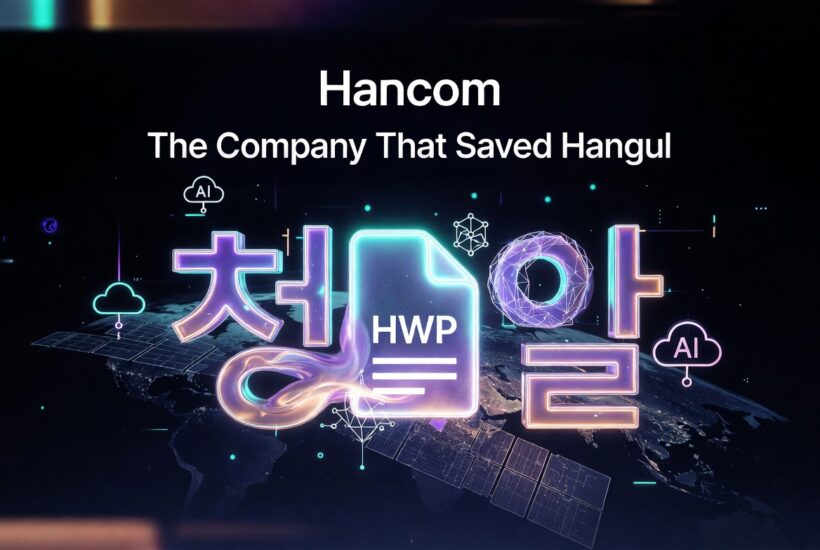 Hancom: The Company That Saved Hangul — title card featuring neon Korean text, an HWP file icon, AI and cloud symbols over a global map