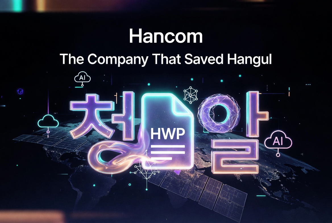 Hancom: The Company That Saved Hangul — title card featuring neon Korean text, an HWP file icon, AI and cloud symbols over a global map