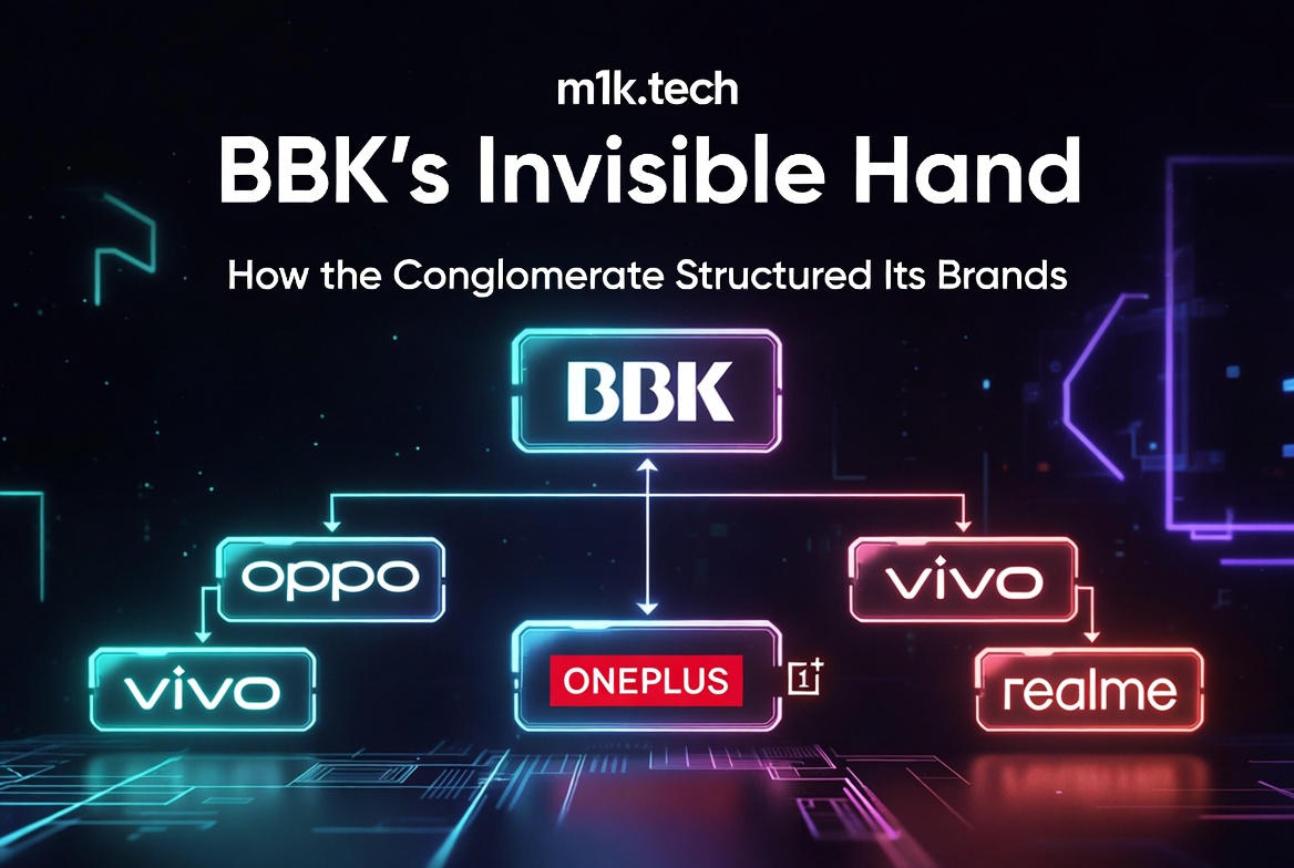 BBK's Invisible Hand: diagram showing BBK as parent company with arrows connecting to sub-brands Oppo, Vivo, OnePlus, and Realme