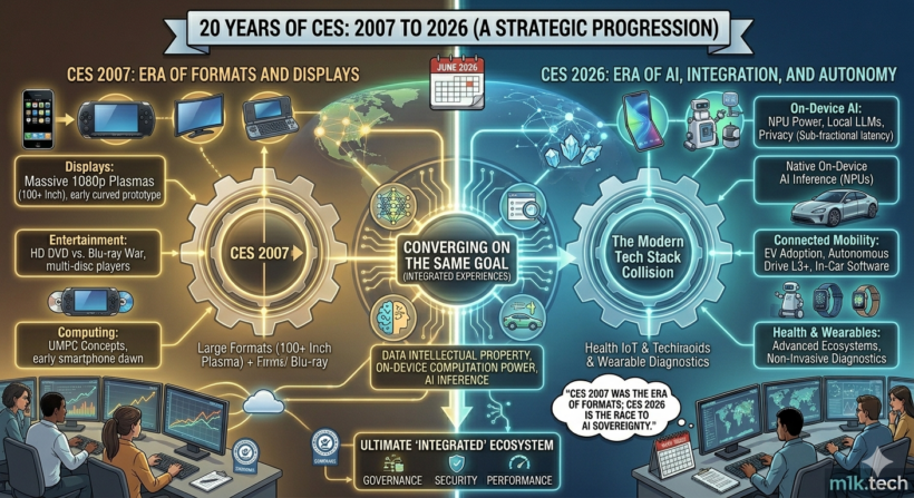 Infographic comparing CES 2007 (formats, displays, HD DVD vs. Blu-ray, UMPC) to CES 2026 (on-device AI, connected mobility, health wearables), converging on integrated ecosystems built on governance, security, and performance. Quote: CES 2007 was the era of formats; CES 2026 is the race to AI sovereignty
