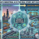 Infographic contrasting mundane cloud chatbots with Chicago's critical industrial AI as the strategic engine of economy, highlighting autonomous logistics, smart factory floors, edge-compute networks, and integrated industrial AI by 2026 with GDPR and DMA compliance