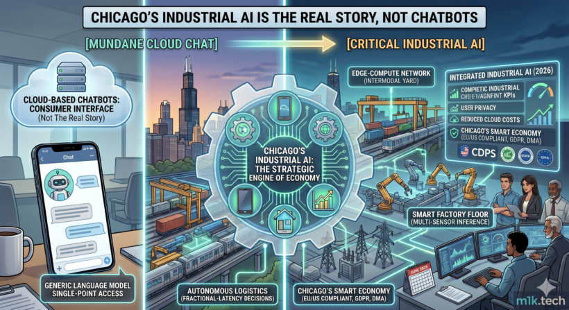 Infographic contrasting mundane cloud chatbots with Chicago's critical industrial AI across logistics, smart factories, and edge computing as the city's real economic engine