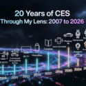 Timeline infographic: 20 Years of CES 2007–2026, highlighting key tech trends from Blu-ray and 3D HDTV to AI agents, humanoids, and Snapdragon-powered devices