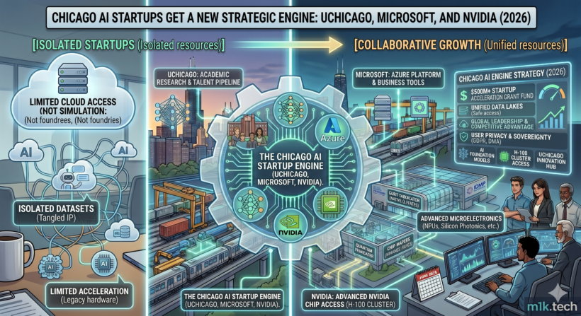 Infographic contrasting isolated Chicago AI startups lacking resources with the 2026 collaborative model combining UChicago research, Microsoft Azure, and Nvidia H-100 compute access