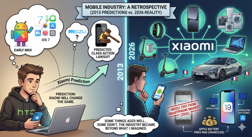 Split collage: 2013 smartphone landscape with iOS 7, HTC Dream, and Xiaomi Mi3 on the left, contrasted with 2026's AI-powered Snapdragon devices, Xiaomi SU7 EV, and OnePlus Realme merger on the right