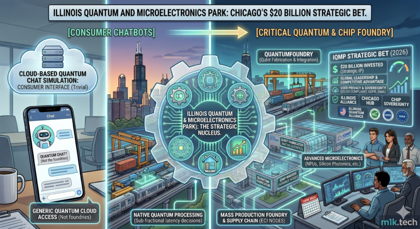 Infographic contrasting consumer chatbots with IQMP's critical quantum and chip foundry role, highlighting $20 billion in projected investment, qubit fabrication, advanced microelectronics, and Illinois-Chicago chip sovereignty goals