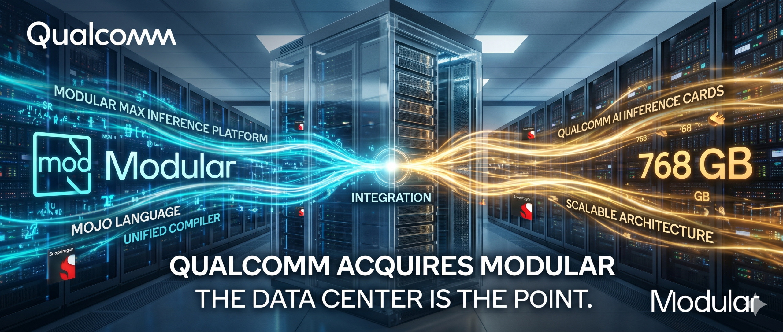 Qualcomm acquires Modular — The Data Center Is The Point. Integration of Modular Max Inference Platform, Mojo Language, Unified Compiler with Qualcomm AI Inference Cards, 768 GB, Scalable Architecture
