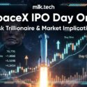 mlk.tech article graphic: SpaceX IPO Day One — Musk Trillionaire & Market Implications, with rocket launch and rising stock chart