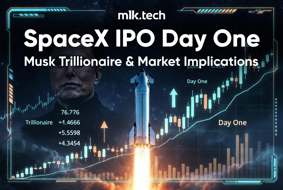 mlk.tech article graphic: SpaceX IPO Day One — Musk Trillionaire & Market Implications, with rocket launch and rising stock chart