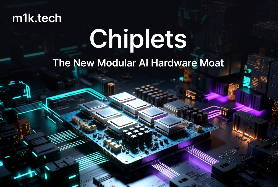 Chiplets: The New Modular AI Hardware Moat — m1k.tech article cover image featuring a glowing modular processor on a circuit board