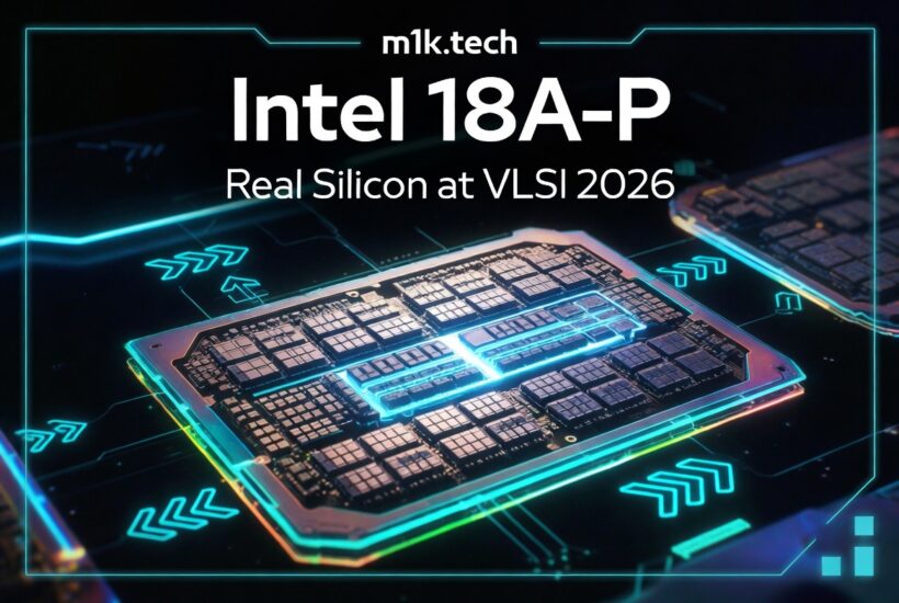 Intel 18A-P Real Silicon at VLSI 2026 — stylized chip die with glowing cyan circuit highlights, from m1k.tech