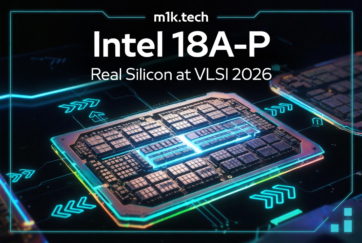 Intel 18A-P Real Silicon at VLSI 2026 — stylized chip die with glowing cyan circuit highlights, from m1k.tech