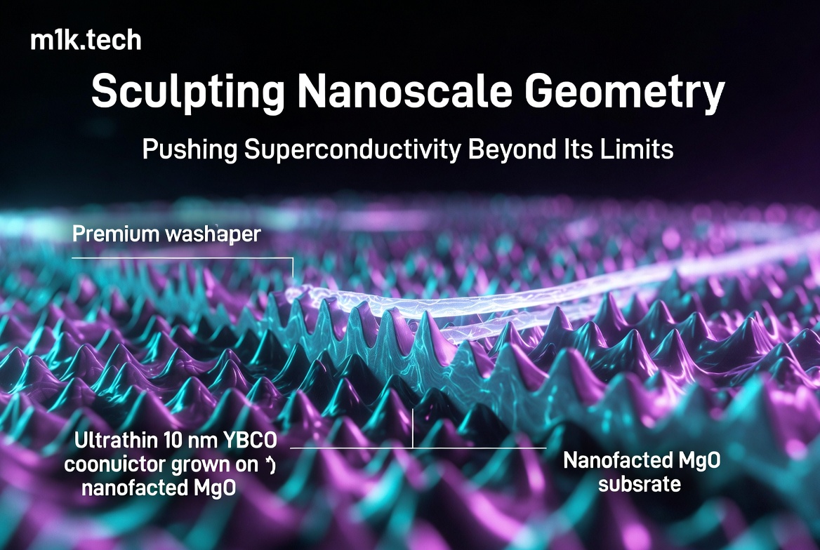 Sculpting Nanoscale Geometry: diagram showing a premium washaper layer over an ultrathin 10 nm YBCO conductor grown on a nanofaceted MgO substrate, illustrating superconductivity research by m1k.tech