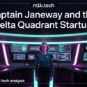 m1k.tech article cover: Captain Janeway and the Delta Quadrant Startup — cultural & tech analysis, featuring a Starfleet captain on a futuristic bridge