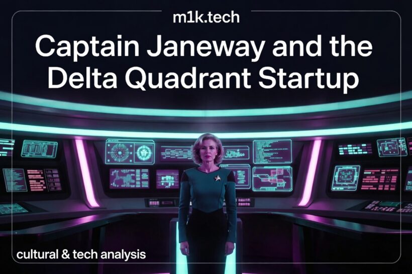 m1k.tech article cover: Captain Janeway and the Delta Quadrant Startup — cultural & tech analysis, featuring a Starfleet captain on a futuristic bridge