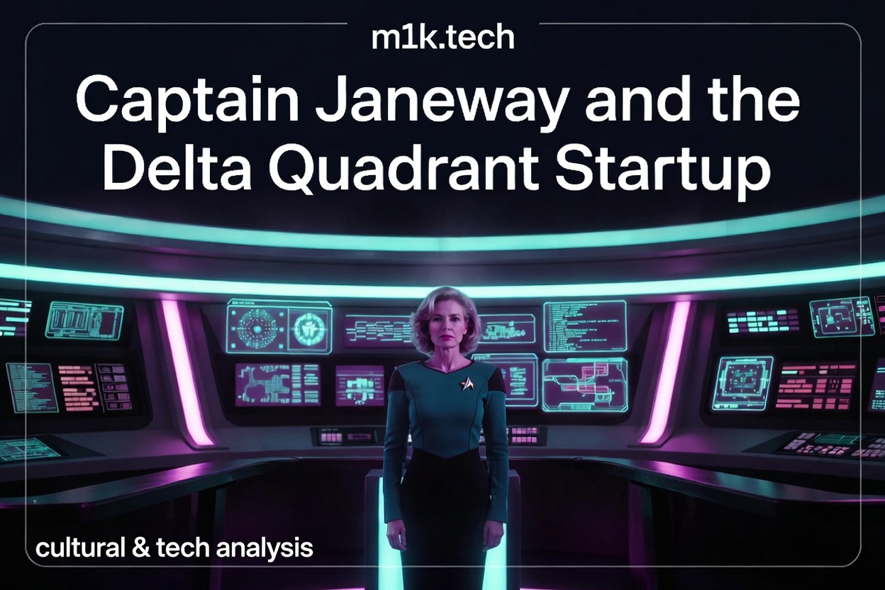 m1k.tech article cover: Captain Janeway and the Delta Quadrant Startup — cultural & tech analysis, featuring a Starfleet captain on a futuristic bridge