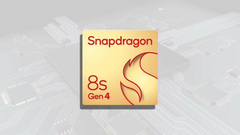 Snapdragon 8s Gen 4 chip logo on a gold background with circuit board imagery