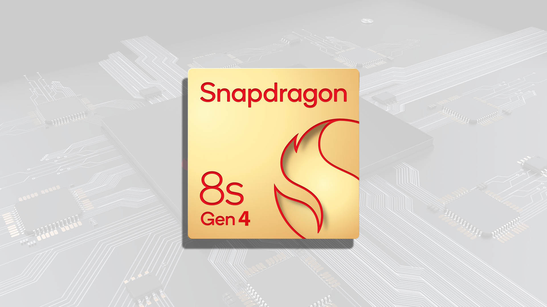 Snapdragon 8s Gen 4 chip logo on a gold background with circuit board imagery