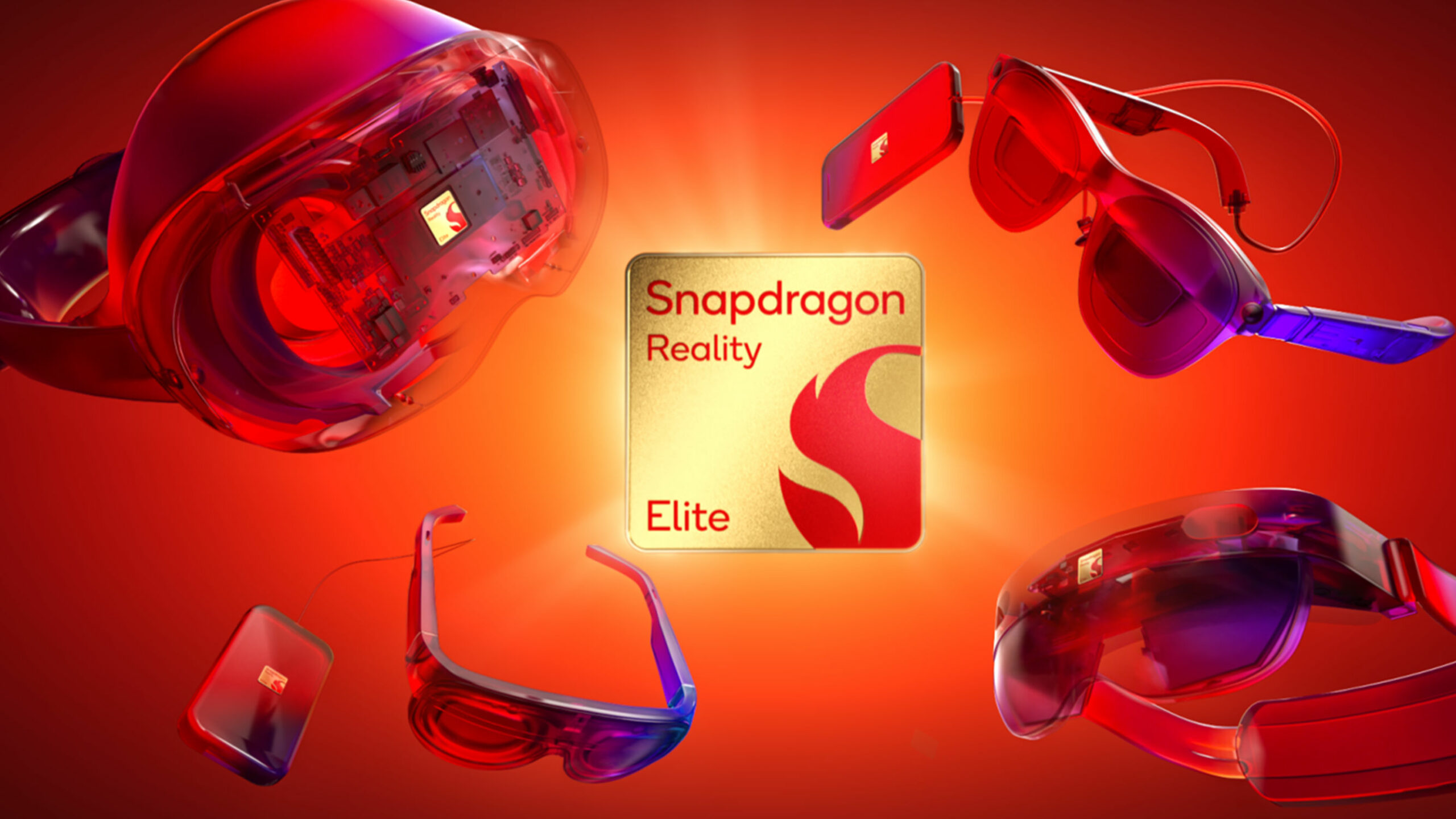 Snapdragon Reality Elite logo surrounded by various XR headsets, AR glasses, and mixed reality devices on a red background