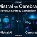 Mistral AI vs Cerebras Revenue Strategy Comparison infographic from m1k.tech, showing Mistral's AI software services model versus Cerebras's CS-3 hardware approach