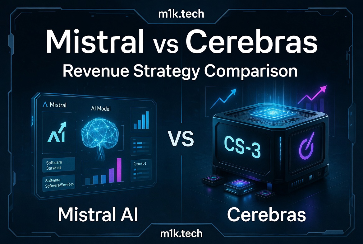 Mistral AI vs Cerebras Revenue Strategy Comparison infographic from m1k.tech, showing Mistral's AI software services model versus Cerebras's CS-3 hardware approach