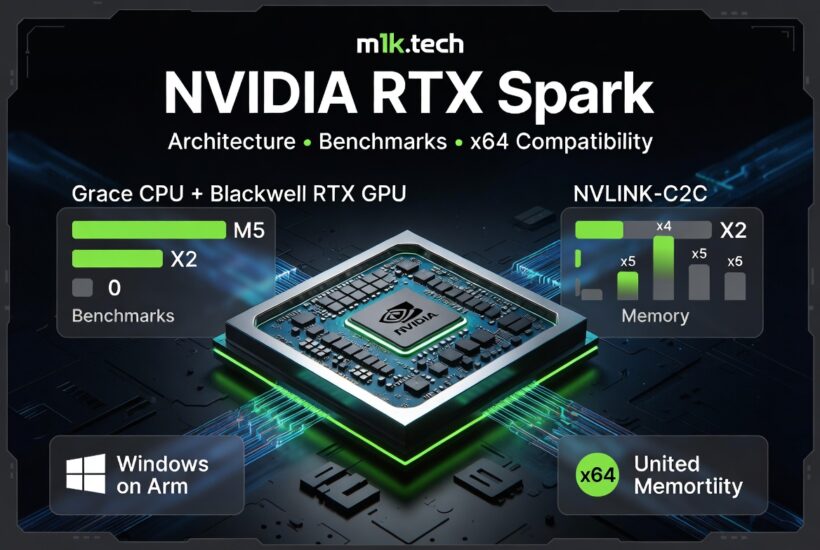 NVIDIA RTX Spark promotional graphic covering architecture, benchmarks, and x64 compatibility, featuring Grace CPU plus Blackwell RTX GPU connected via NVLink-C2C, running Windows on Arm with unified memory
