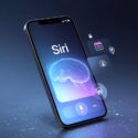 Smartphone displaying Siri with a glowing AI brain graphic, surrounded by floating app icons including calendar, location, and security