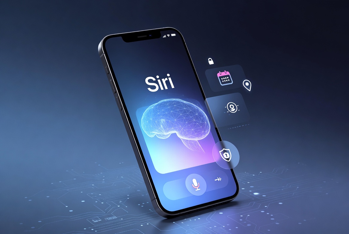 Smartphone displaying Siri with a glowing AI brain graphic, surrounded by floating app icons including calendar, location, and security