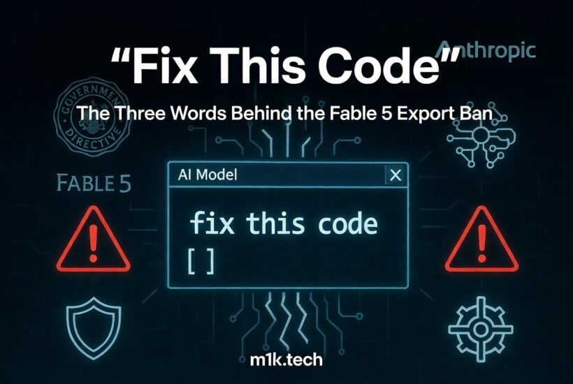 Fix This Code: The Three Words Behind the Fable 5 Export Ban — m1k.tech article graphic featuring an AI model prompt and warning icons