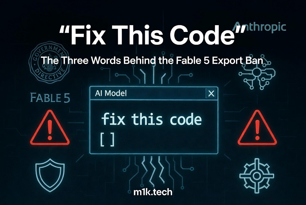 Fix This Code: The Three Words Behind the Fable 5 Export Ban — m1k.tech article graphic featuring an AI model prompt and warning icons