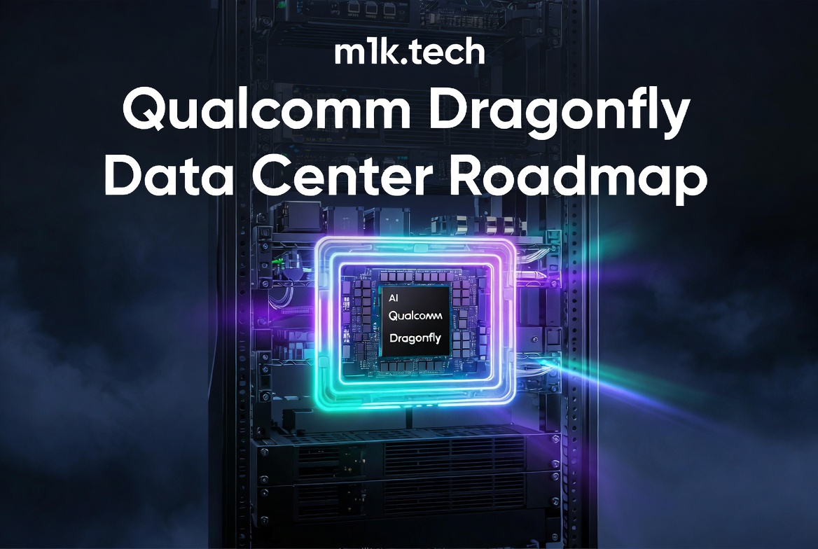 m1k.tech – Qualcomm Dragonfly Data Center Roadmap, featuring an AI Qualcomm Dragonfly chip in a server rack