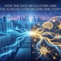 Abstract visualization of data streams and AI neural network connections, representing the convergence of the data revolution and AI revolution into a single technological arc