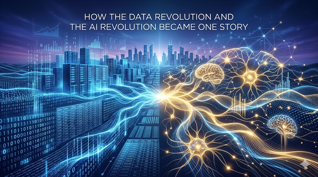 Abstract visualization of data streams and AI neural network connections, representing the convergence of the data revolution and AI revolution into a single technological arc