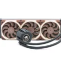 360mm AIO liquid CPU cooler with three brown and beige fans on a radiator and a black pump block