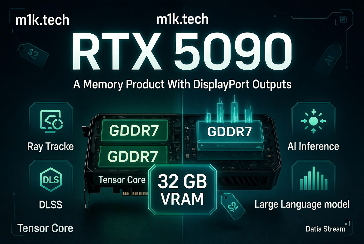 RTX 5090 GPU infographic highlighting 32 GB GDDR7 VRAM, Tensor Core, DLSS, Ray Tracing, and AI Inference features from m1k.tech
