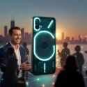 Smiling man presenting a glowing teal smartphone with transparent back design against a city skyline at sunset