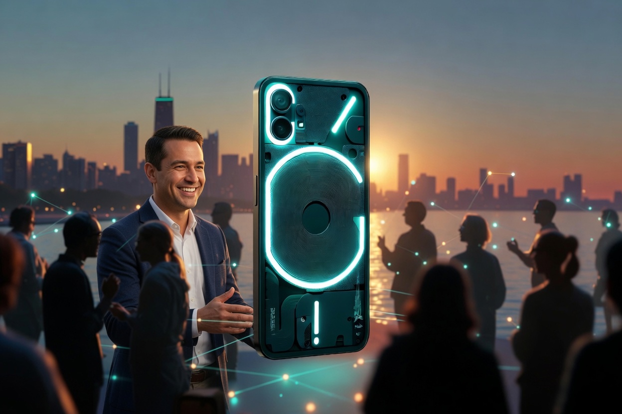 Smiling man presenting a glowing teal smartphone with transparent back design against a city skyline at sunset