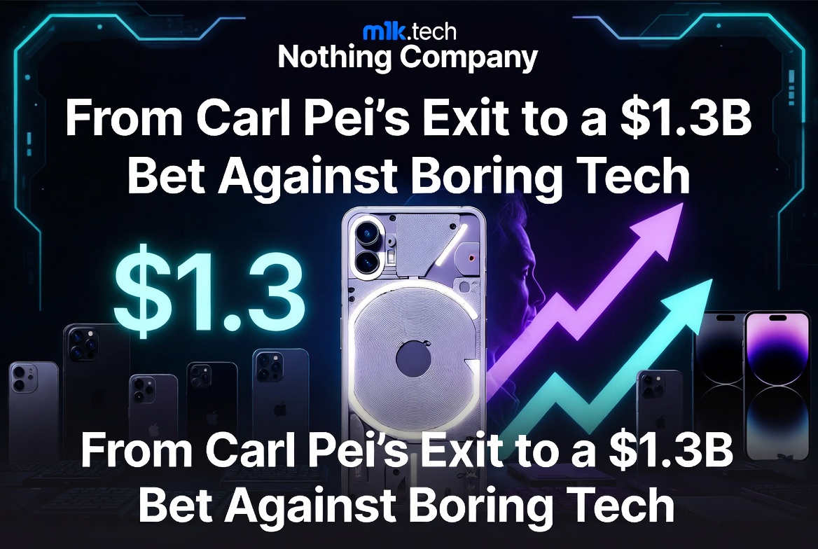 Nothing Company: From Carl Pei's Exit to a $1.3B Bet Against Boring Tech — promotional graphic featuring a transparent-back Nothing phone and upward trending arrows