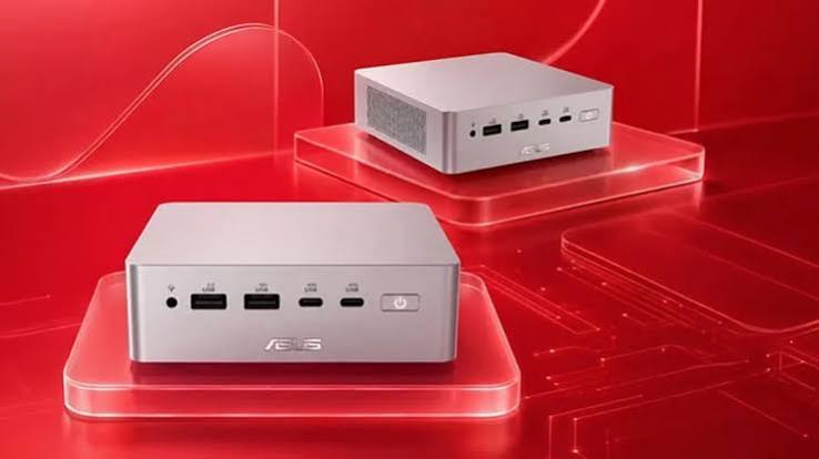 Two ASUS Ascent QN10 mini-PCs shown from front and rear angles against a red background