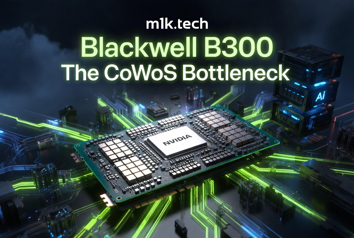 m1k.tech article cover: Blackwell B300 — The CoWoS Bottleneck, featuring an NVIDIA GPU with glowing green circuit traces