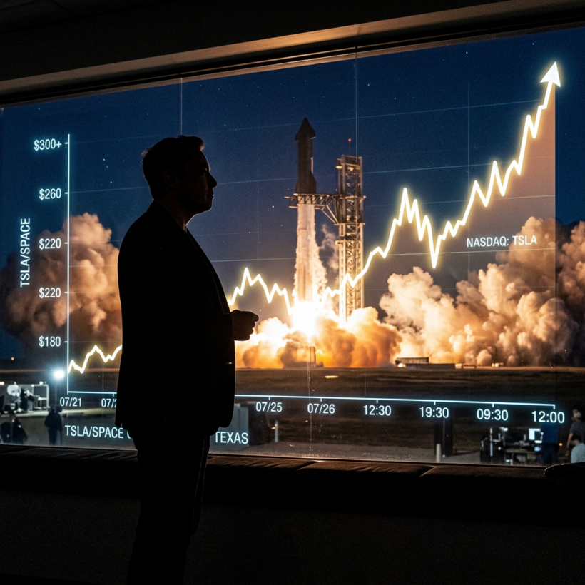 Silhouette of a man watching Tesla stock price graph rising over a rocket launch