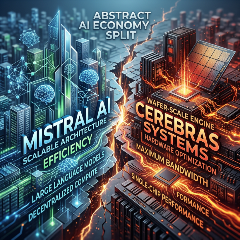 Comparison of Mistral AI's scalable architecture emphasizing efficiency and decentralized compute with Cerebras Systems' wafer-scale engine focused on hardware optimization and maximum bandwidth