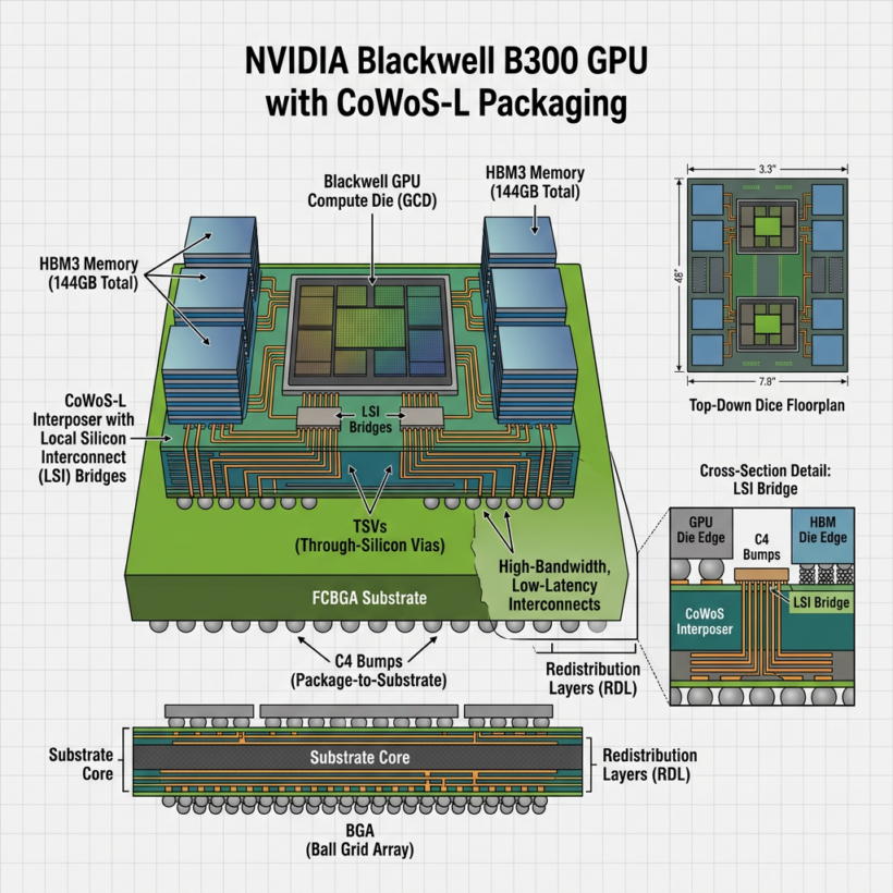 Diagram of NVIDIA Blackwell B300 GPU with labeled components including HBM3 memory, Blackwell GPU Compute Die, CoWoS-L interposer, LSI bridges, TSVs, and substrate layers.