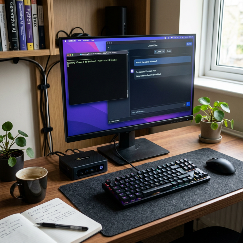 Desktop computer displaying local AI chat interface and terminal window