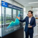 Executive pointing at digital graph showing SK hynix AI memory chip profit increase from Q1 2023 to Q3 2024
