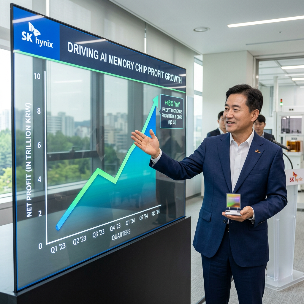 Executive pointing at digital graph showing SK hynix AI memory chip profit increase from Q1 2023 to Q3 2024